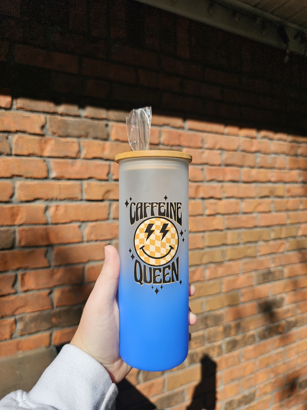 Caffeine Queen Glass Tumbler With Straw